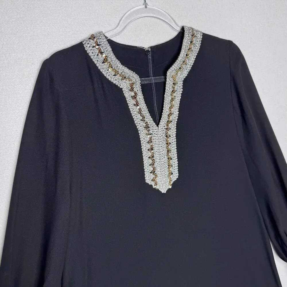 Vintage Black Silver Metallic Sequin Neck Shift A-Line Dress Cocktail M